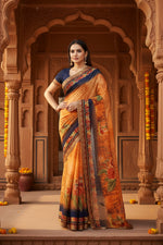 Load image into Gallery viewer, Women's Georgette Floral Print Saree With Unstitched Blouse 5.5Mtr (Blue-Orange)