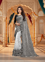 Load image into Gallery viewer, Women's Silk With Mirror Lace Solid Saree With Unstitched Blouse (Grey, 5-5 Mtrs)