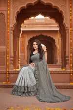 Load image into Gallery viewer, Women's Silk With Mirror Lace Solid Saree With Unstitched Blouse (Grey, 5-5 Mtrs)