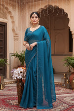 Load image into Gallery viewer, Women's Georgette Satin Silk Saree With Unstitched Blouse 5.5Mtr (Blue) Kashvii