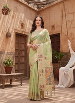 Load image into Gallery viewer, Women's Linen Cotton Printed Saree With Unstitched Blouse 5.5Mtr (Light Green) Kashvii