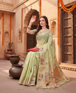 Load image into Gallery viewer, Women's Linen Cotton Printed Saree With Unstitched Blouse 5.5Mtr (Light Green) Kashvii