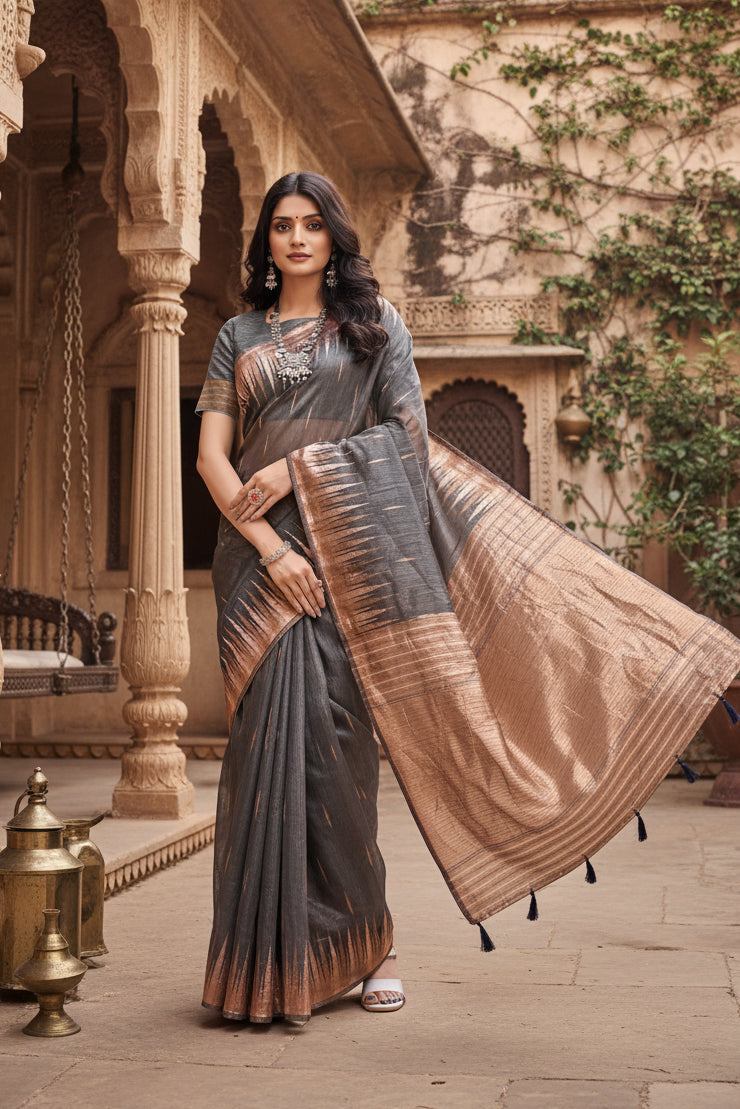 Women's linen cotton printed saree with unstitched blouse 5