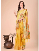 Load image into Gallery viewer, Women's Linen Cotton Printed Saree With Unstitched Blouse 5.5Mtr (Yellow) Kashvii