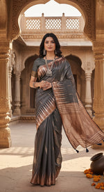 Load image into Gallery viewer, Women's Linen Cotton Printed Saree With Unstitched Blouse 5.5Mtr (Grey) Kashvii