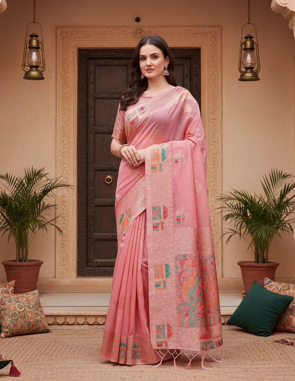 Women's linen cotton printed saree with unstitched blouse 5
