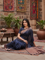 Load image into Gallery viewer, Women's Linen Cotton Printed Saree With Unstitched Blouse 5.5Mtr (Navy Blue) Kashvii