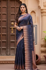 Load image into Gallery viewer, Women's Linen Cotton Printed Saree With Unstitched Blouse 5.5Mtr (Navy Blue) Kashvii
