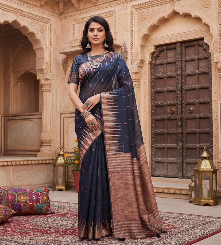 Women's linen cotton printed saree with unstitched blouse 5