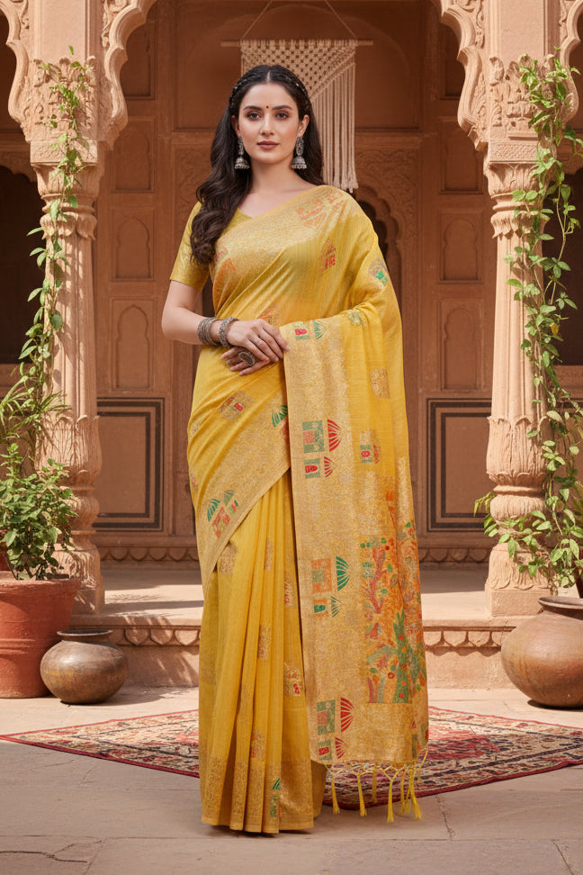Women's linen cotton printed saree with unstitched blouse 5