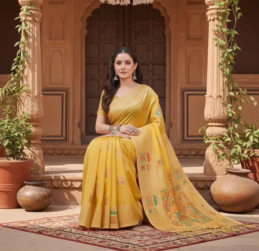 Women's linen cotton printed saree with unstitched blouse 5