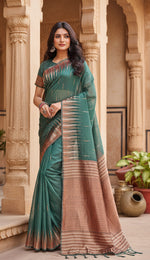 Load image into Gallery viewer, Women's Linen Cotton Printed Saree With Unstitched Blouse 5.5Mtr (Green) Kashvii
