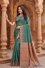 Load image into Gallery viewer, Women's Linen Cotton Printed Saree With Unstitched Blouse 5.5Mtr (Green) Kashvii