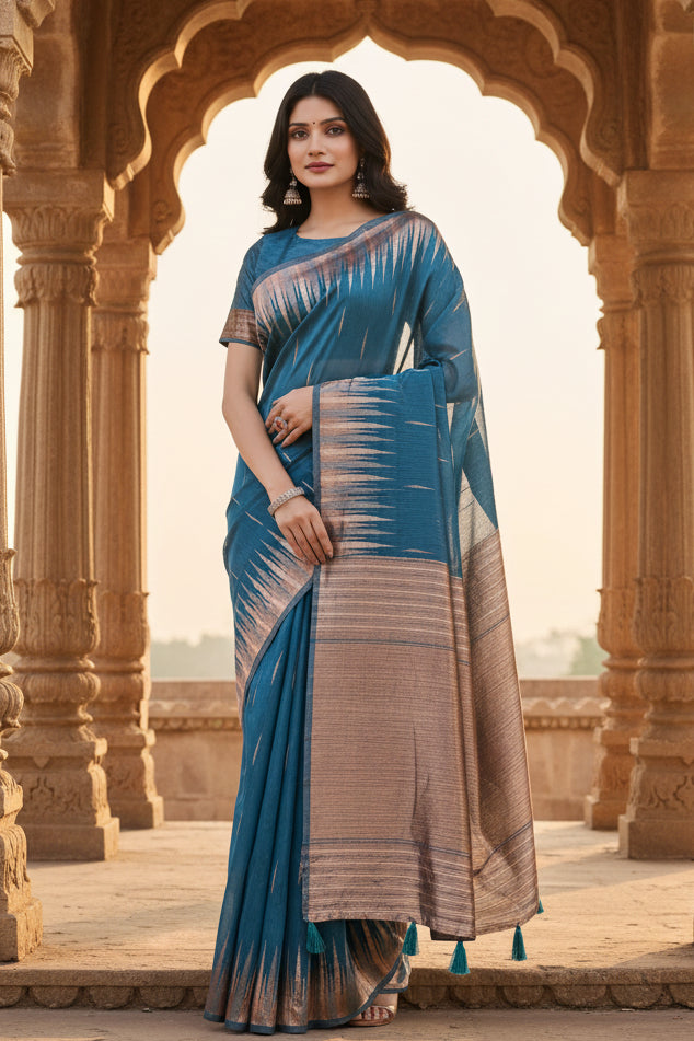 Women's linen cotton printed saree with unstitched blouse 5