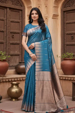 Load image into Gallery viewer, Women's Linen Cotton Printed Saree With Unstitched Blouse 5.5Mtr (Blue) Kashvii