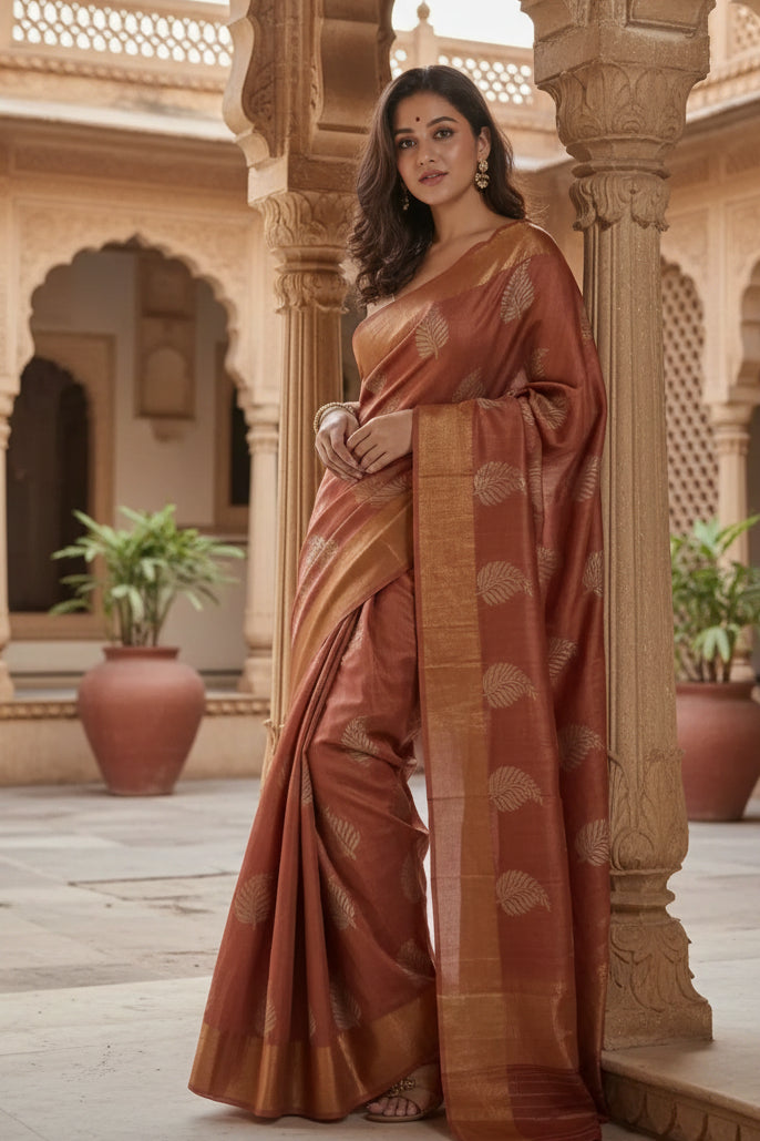 Women's maroon silk printed saree with unstitched blouse 5