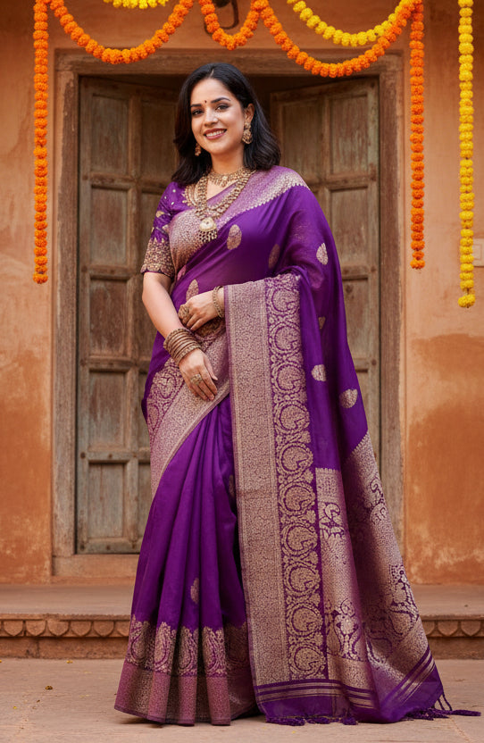 Women's purple silk printed saree with unstitched blouse 5