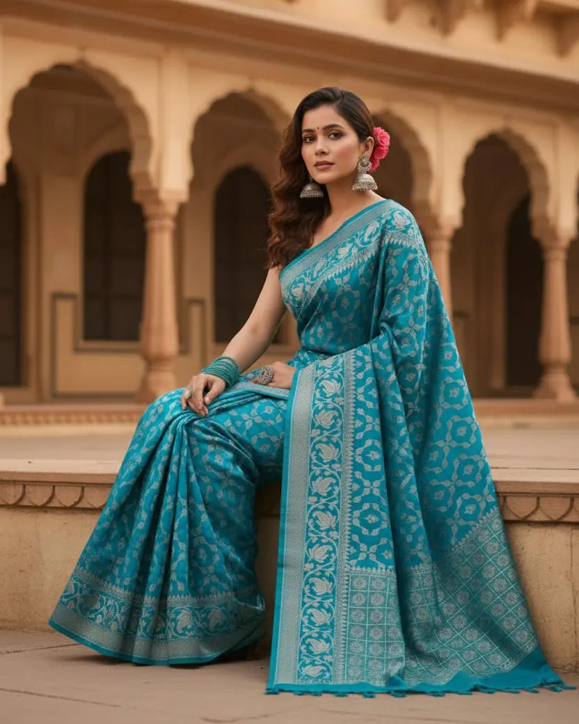 Women's silk printed saree with unstitched blouse 5