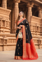 Load image into Gallery viewer, Women's Black Red Silk Printed Saree With Unstitched Blouse -5.5Mtr Kashvii