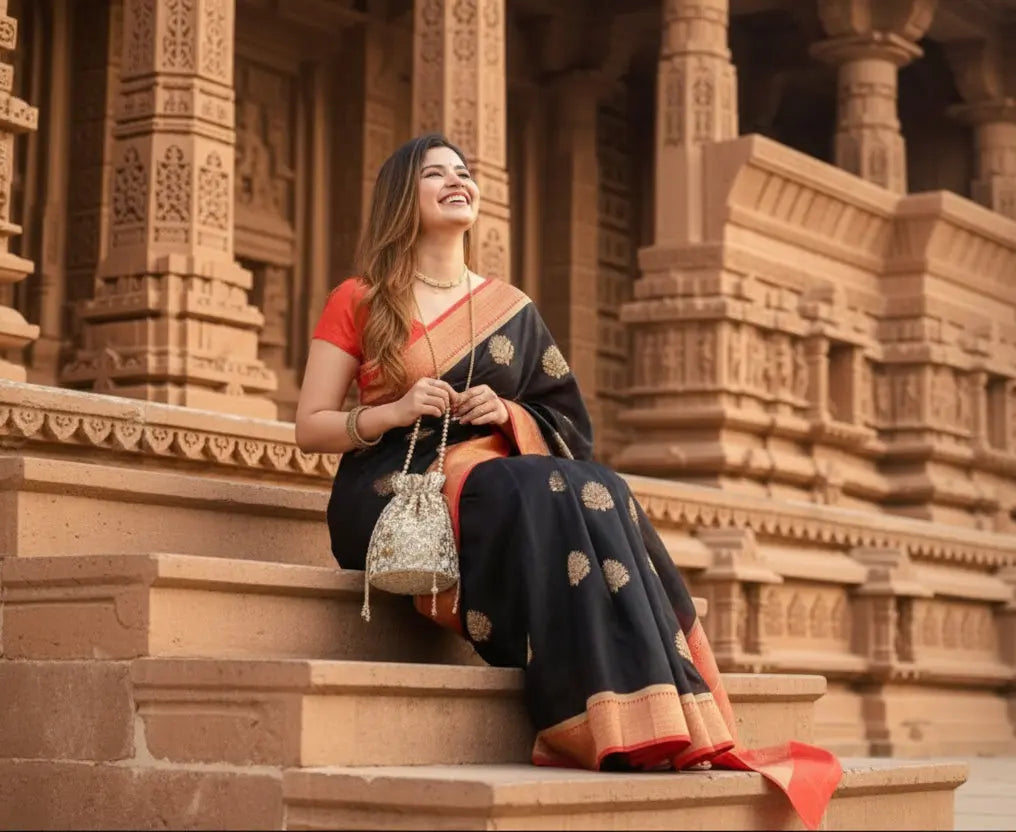 Women's black red silk printed saree with unstitched blouse 5