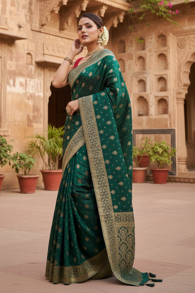 Women's silk printed saree with unstitched blouse 5