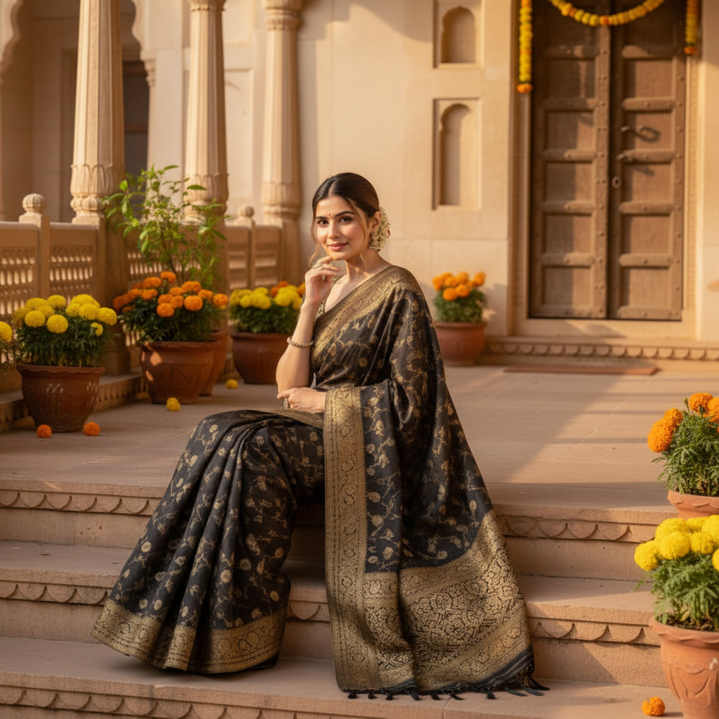 Women's silk printed saree with unstitched blouse 5