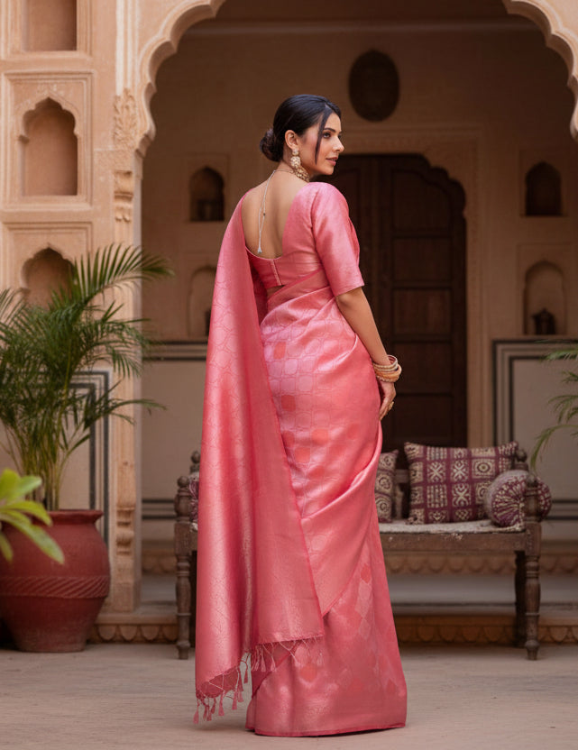 Women's pink silk printed saree with unstitched blouse 5