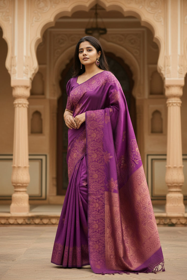 Women's purple silk printed saree with unstitched blouse 5
