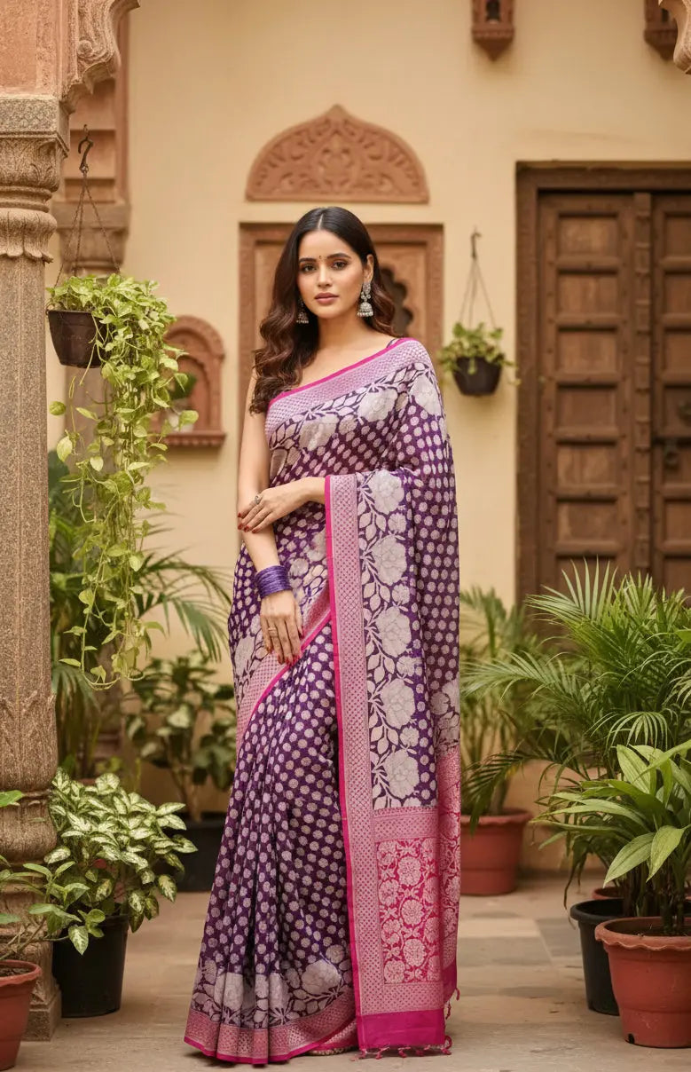 Women's purple silk printed saree with unstitched blouse 5