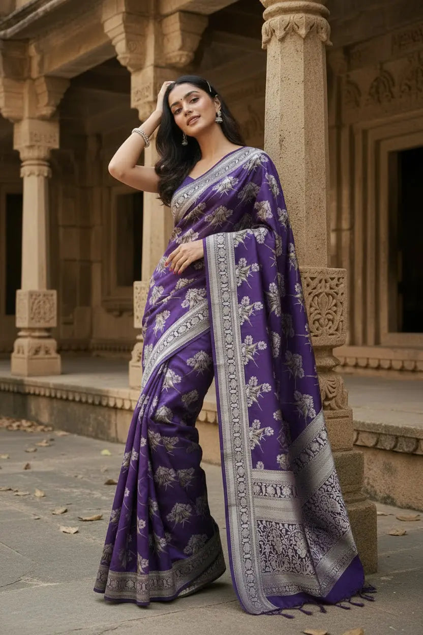 Women's silk printed saree with unstitched blouse 5