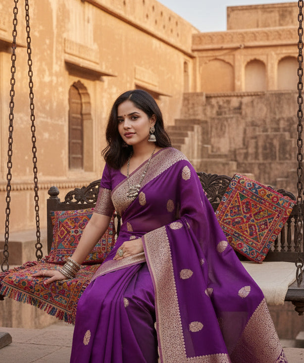 Women's purple silk printed saree with unstitched blouse 5