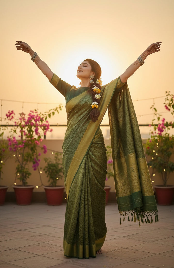 Women's green silk printed saree with unstitched blouse 5