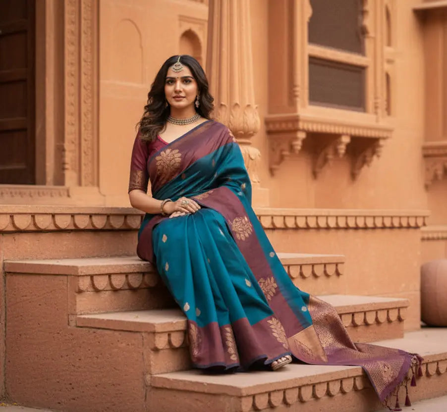 Women's blue silk printed saree with unstitched blouse 5