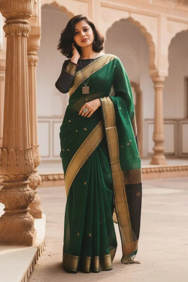 Women's dark green silk printed saree with unstitched blouse 5