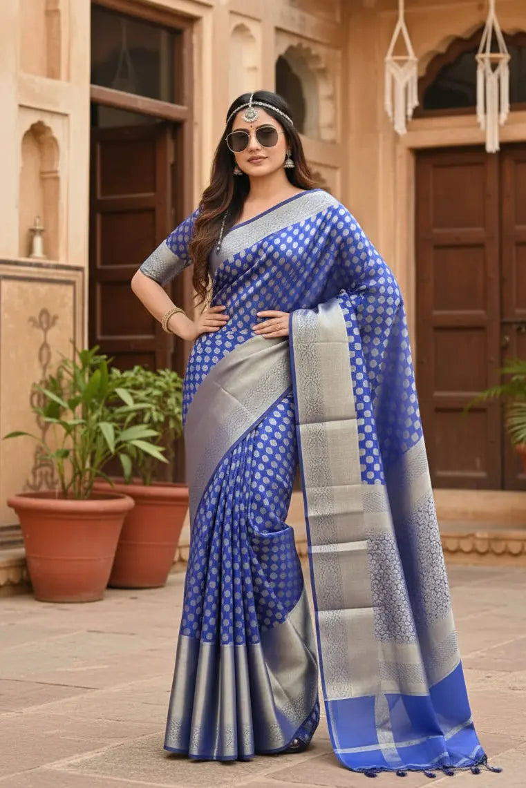 Women's royal blue silk printed saree with unstitched blouse 5