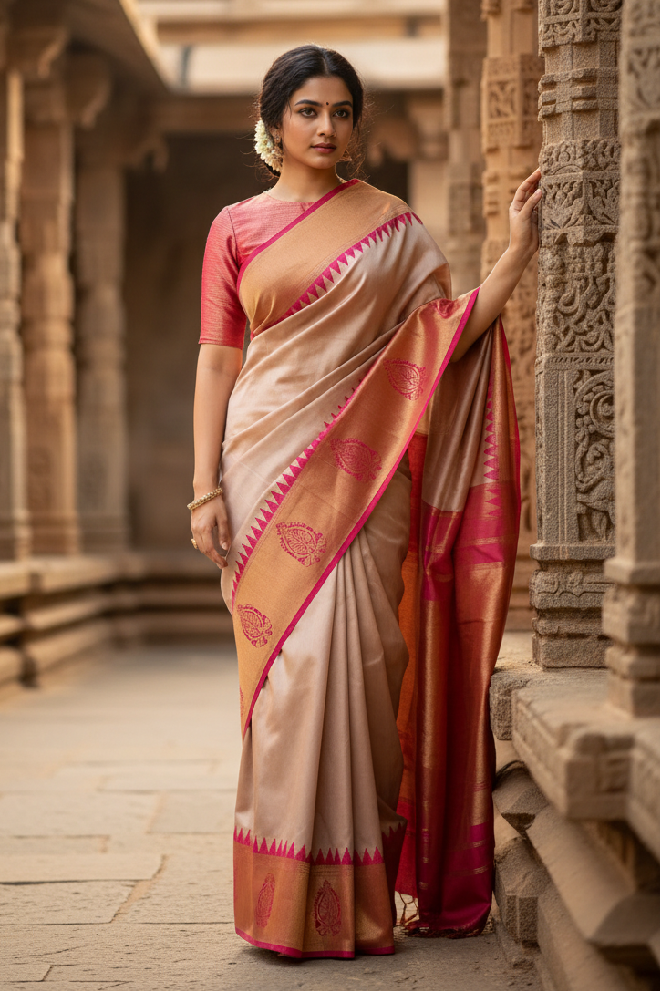 Women's cream color silk printed saree with unstitched blouse 5