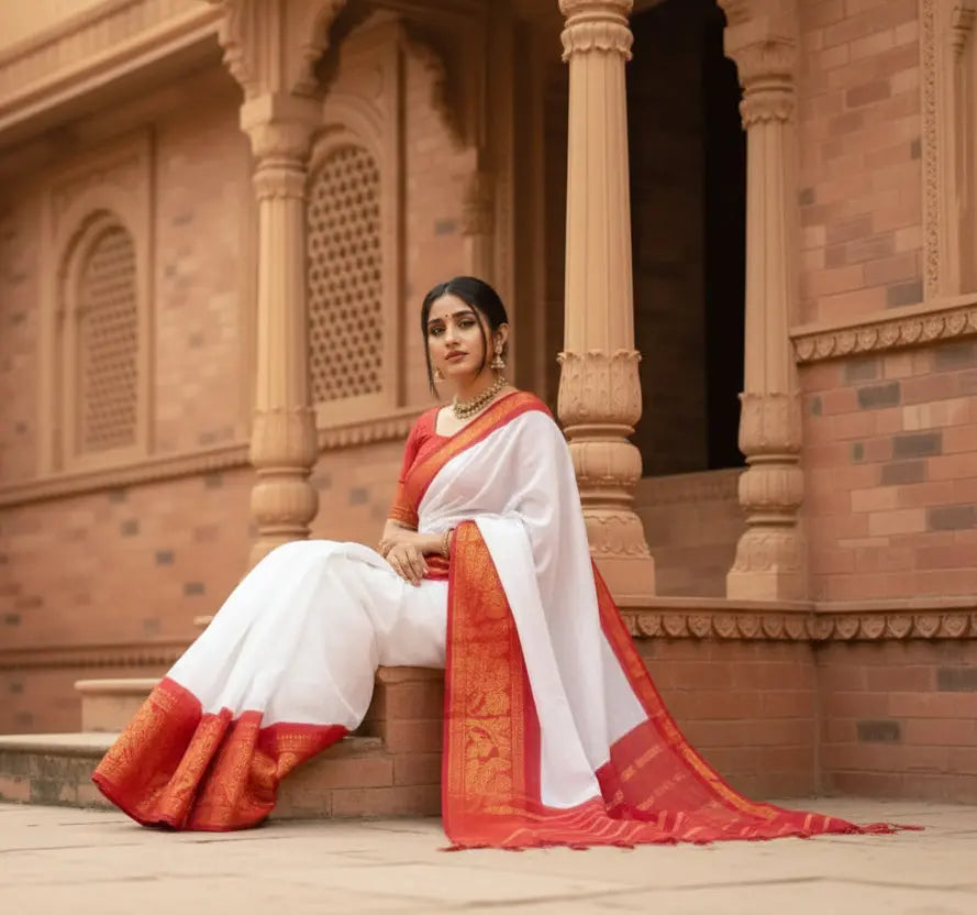 Women's silk printed saree with unstitched blouse 5