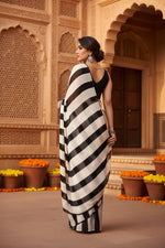 Load image into Gallery viewer, Women's Small Lace Georgette Striped Ready-to-Wear Saree With Unstitched Blouse 5.5 Mtr (Black-White)
