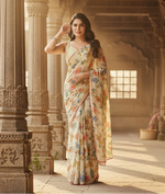 Load image into Gallery viewer, Women's Small Lace Georgette Printed Ready-to-Wear Saree With Unstitched Blouse 5.5 Mtr (Off White) Kashvii