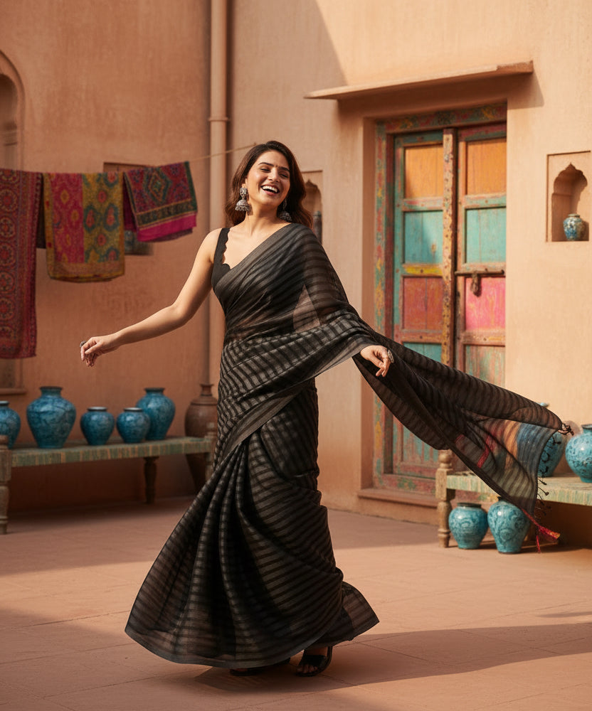 Women's black berry striped ready to wear saree with unstitched blouse 5