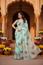 Load image into Gallery viewer, Women's Small Lace Georgette Printed Ready-to-Wear Saree With Unstitched Blouse 5.5 Mtr (Turquoise)