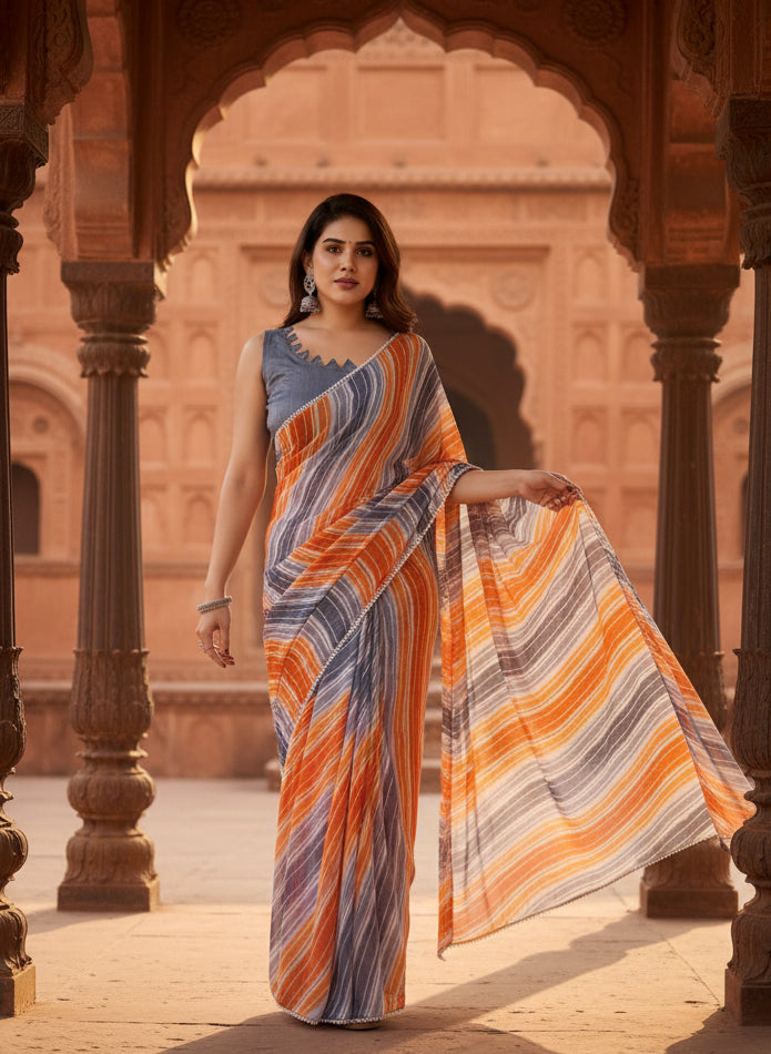 Women's small lace georgette striped ready to wear saree with unstitched blouse 5