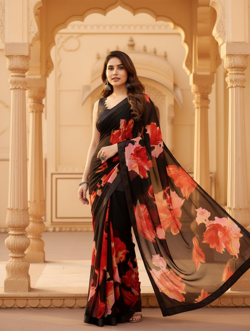 Women's small lace georgette printed ready to wear saree with unstitched blouse 5