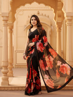 Load image into Gallery viewer, Women's Small Lace Georgette Printed Ready-to-Wear Saree With Unstitched Blouse 5.5 Mtr (Black-Red) Kashvii