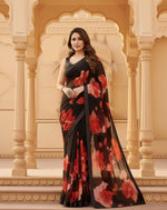 Load image into Gallery viewer, Women's Small Lace Georgette Printed Ready-to-Wear Saree With Unstitched Blouse 5.5 Mtr (Black-Red) Kashvii