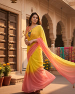 Load image into Gallery viewer, Women's Small Lace Georgette Solid Ready-to-Wear Saree With Unstitched Blouse 5.5 Mtr (Pink-Yellow) Kashvii