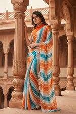 Load image into Gallery viewer, Women's Small Lace Georgette Striped Ready-to-Wear Saree With Unstitched Blouse 5.5 Mtr (Multicolor) Kashvii