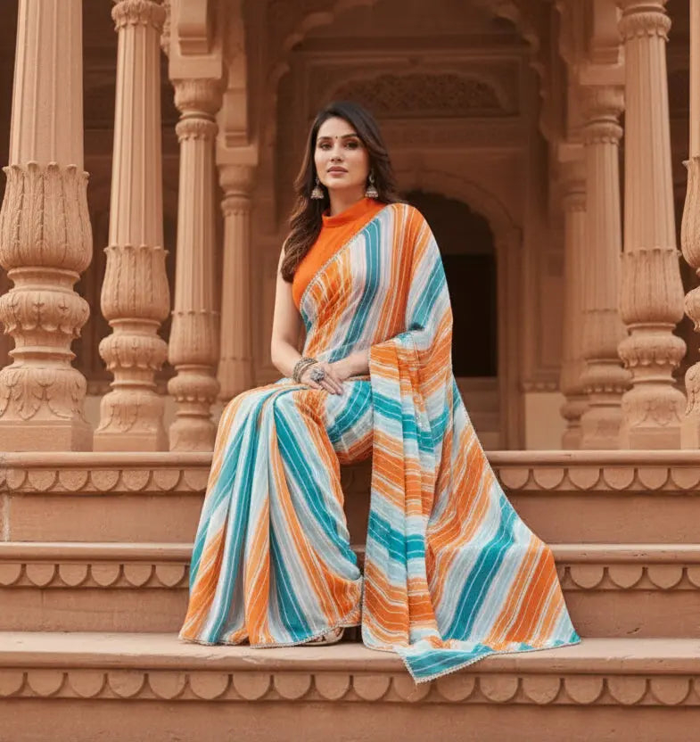 Women's small lace georgette striped ready to wear saree with unstitched blouse 5