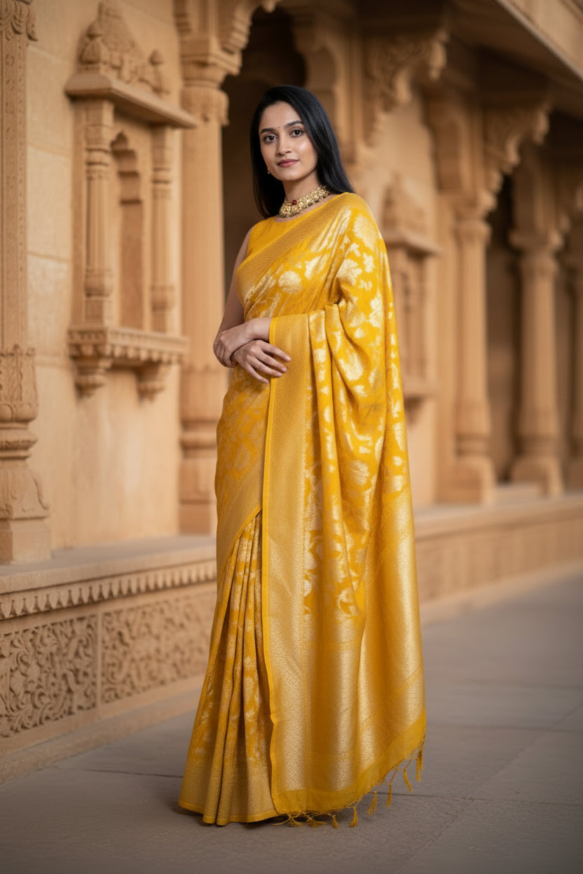 Women's yellow silk printed saree with unstitched blouse 5