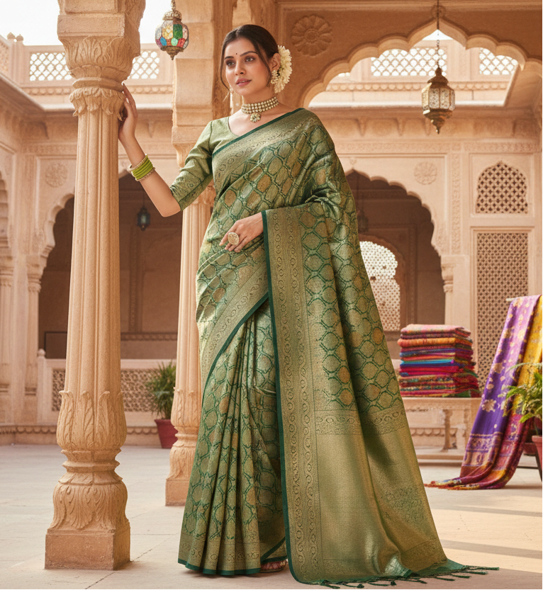 Women's green silk printed saree with unstitched blouse 5